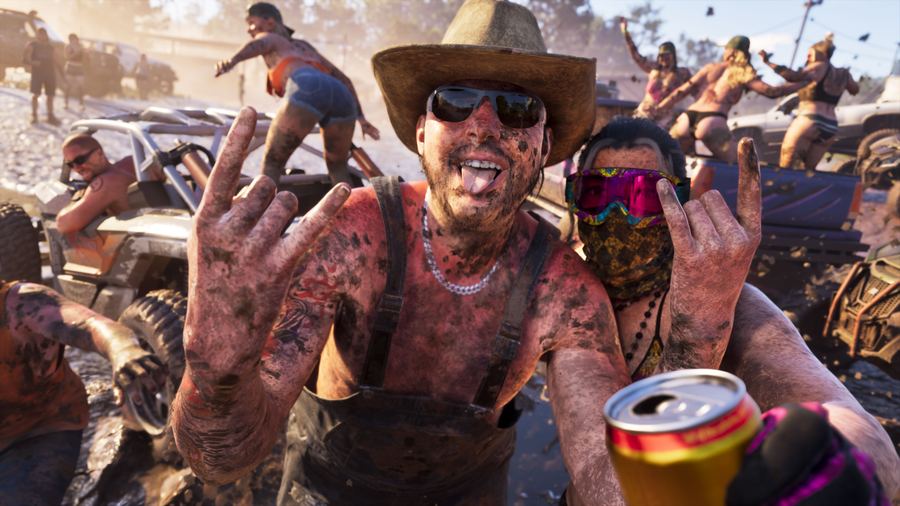 A crowd of tattooed bikers drinking and shouting at an outdoor gathering