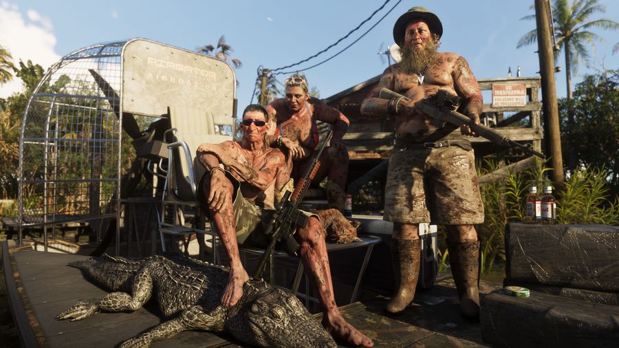 Men sitting on an airboat beside a captured alligator in the wetlands