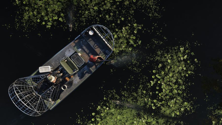 An overhead view of an airboat cutting through dark wetland water