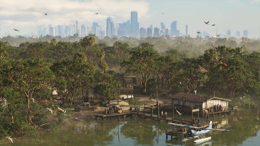 Wide wetlands stretching toward the distant Vice City skyline