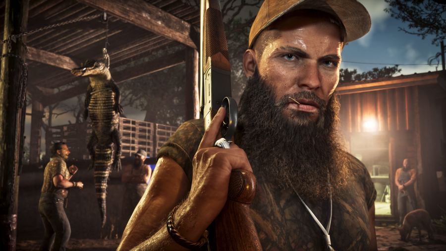 A bearded man holding a rifle in a wetland shack at night