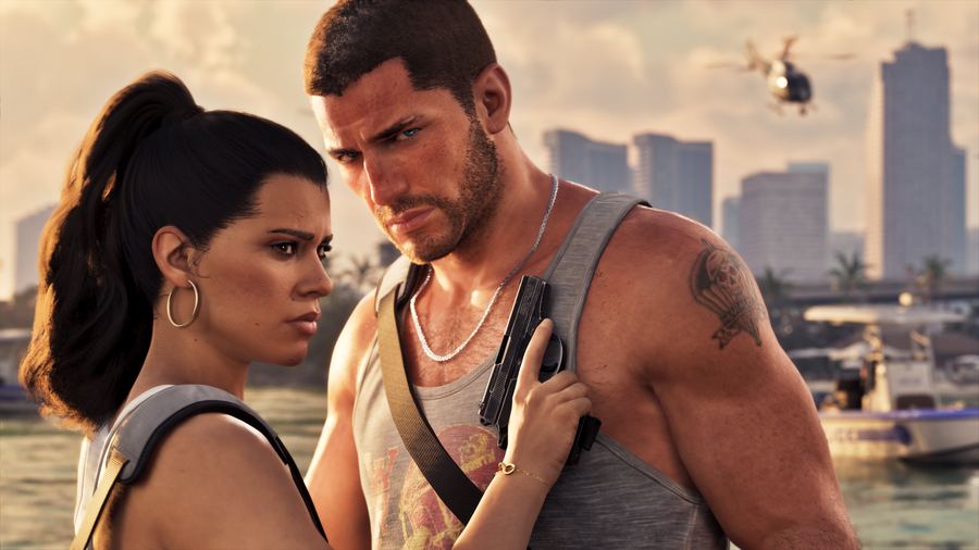 Jason Duval and Lucia Caminos standing close together on a Vice City waterfront