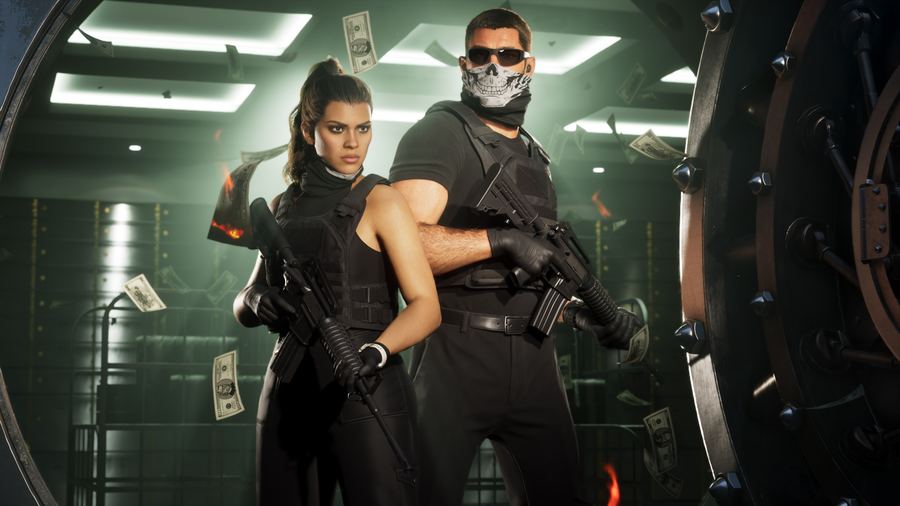 Jason and Lucia in tactical gear with weapons, standing back to back