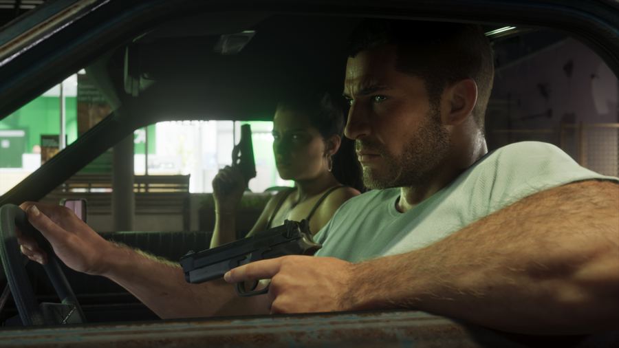 Jason and Lucia in a car at night, Jason holding a pistol low