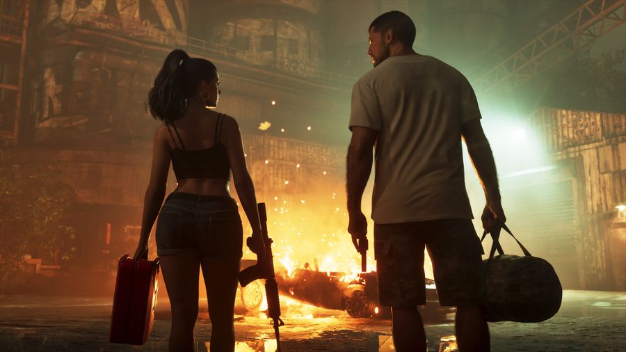 Jason and Lucia walking away from a burning wreck carrying bags