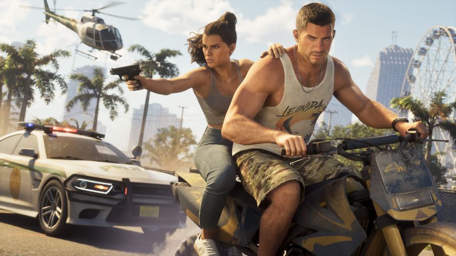 Jason and Lucia on a motorcycle pursued by a police car, with helicopters overhead