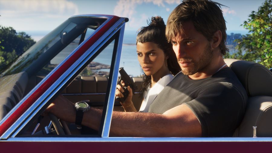 Jason and Lucia in a convertible with Lucia holding a pistol