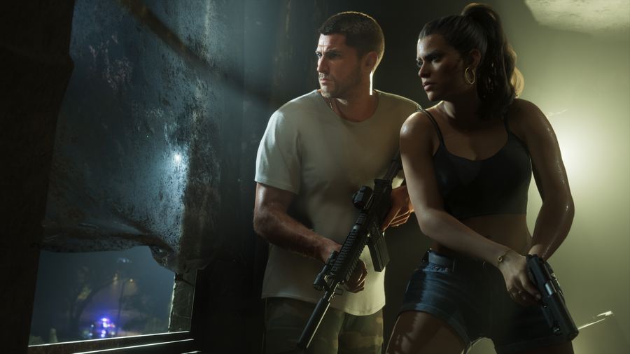 Jason and Lucia standing armed in a dim interior