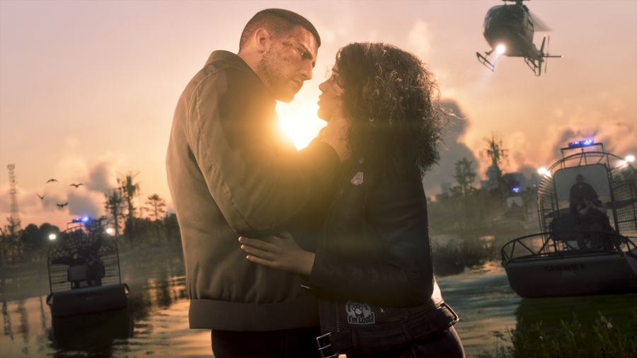 Jason and Lucia embracing at sunset on the Vice City waterfront