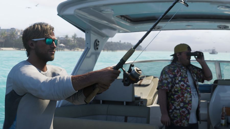 Jason Duval fishing from the back of a boat while another man watches through binoculars
