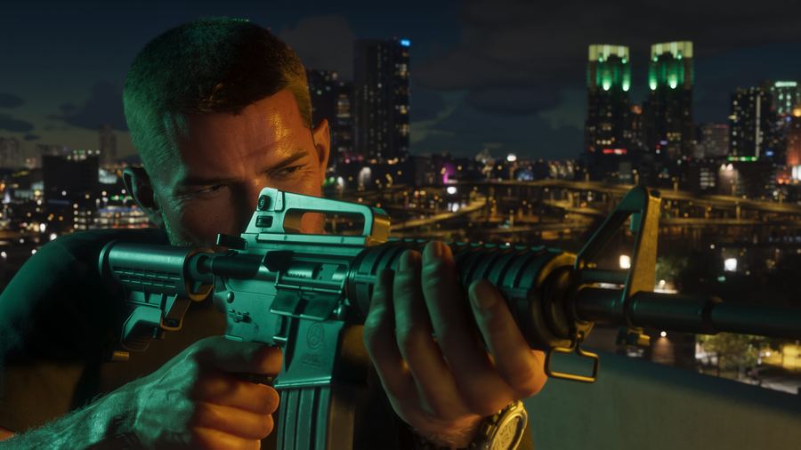 Jason Duval aiming an assault rifle from a rooftop above the Vice City skyline at night