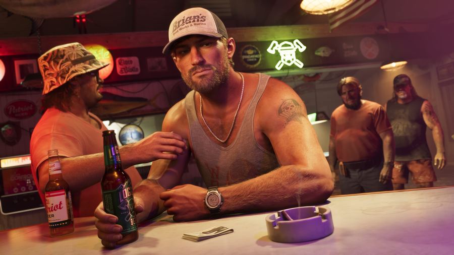 Jason Duval drinking at a bar counter with other patrons around him