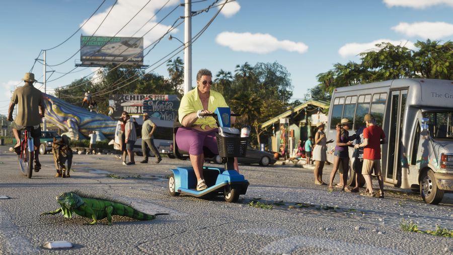 People and vehicles gathered along a sunlit Keys roadside