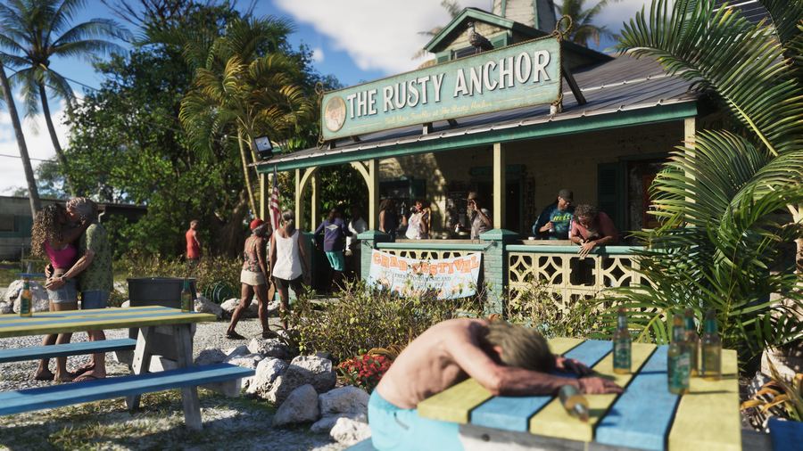 The Rusty Anchor bar on a wooden deck by the water