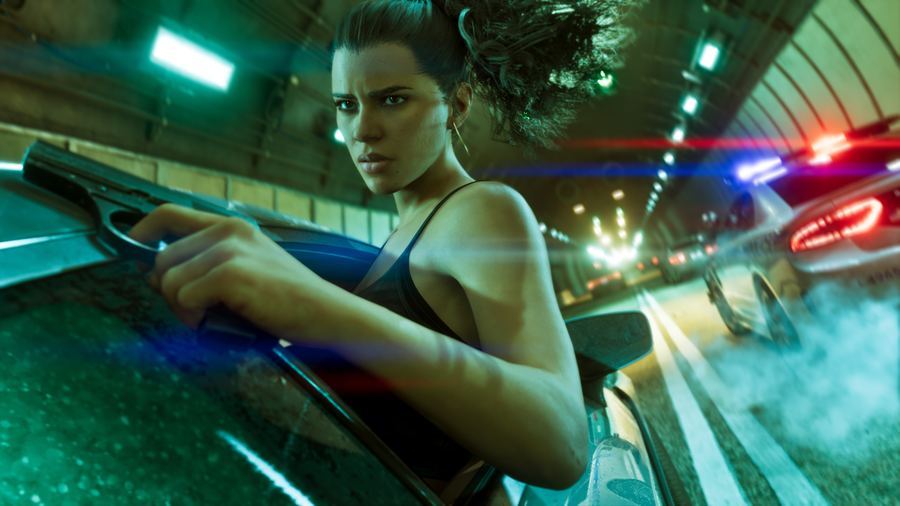 Lucia Caminos holding a shotgun beside a car in green neon light at night