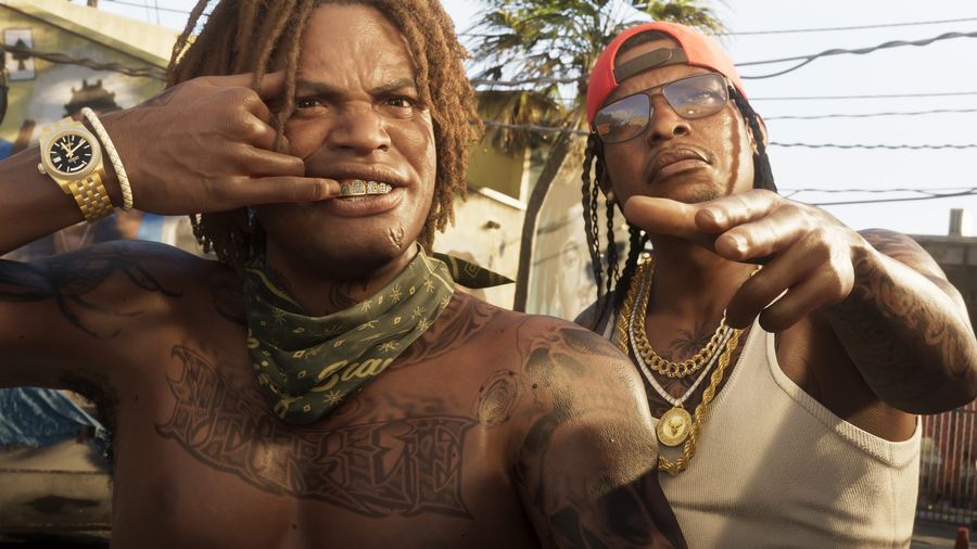 Two men posing for the camera on a Vice City street in daylight
