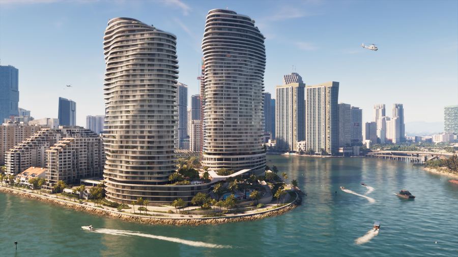 Curved white high-rise towers on the Vice City waterfront in daylight